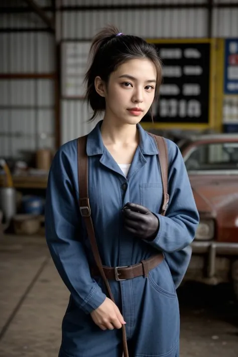 arafed woman in blue overalls standing in front of a car