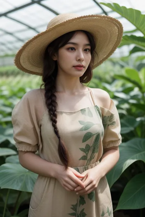 a woman in a straw hat standing in a greenhouse