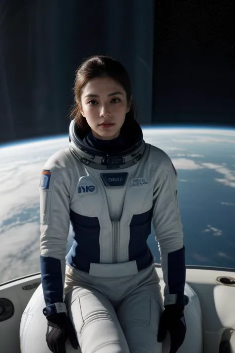 a woman in a space suit sitting on a boat in front of the earth