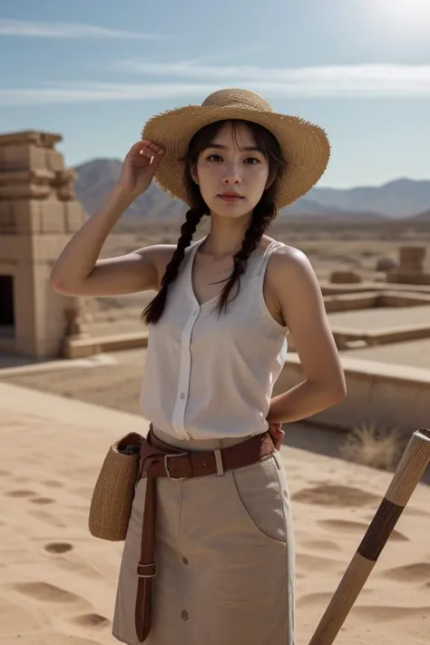 a woman in a hat and a skirt standing in the desert