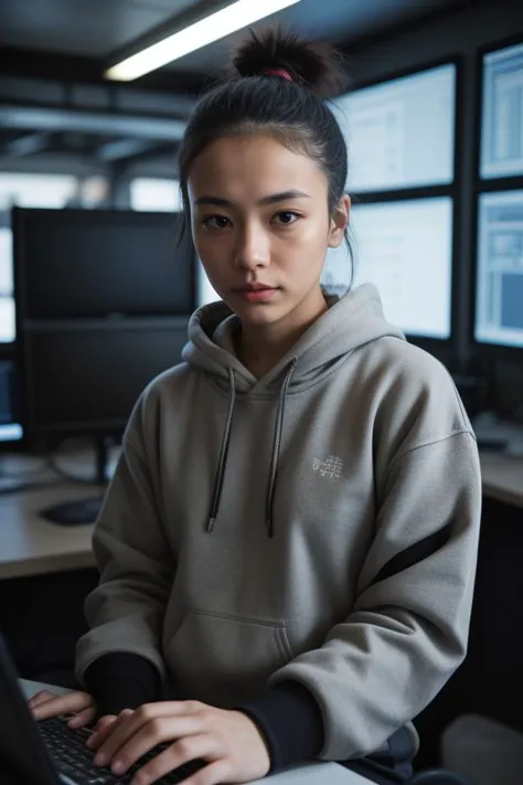 6. "Young female hacker (ethnicity: Mixed race, age: mid-20s) in a dark, high-tech workspace (setting: cyberpunk, underground). She's wearing a hoodie and cargo pants (fabric: durable, dark) with her hair in a messy bun, and a focused, makeup-free face. She's intensely coding on multiple screens (action: skilled, concentrated), her expression serious, lit only by the light of computer monitors."