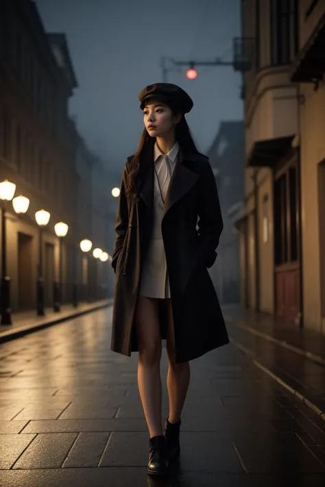 2. "Young woman (ethnicity: East Asian, age: early 20s) walking alone on a foggy, moonlit cobblestone street (setting: mysterious, old European city). She's in a classic trench coat (fabric: waterproof, dark) with her hair under a beret, and subtle, natural makeup. She's holding a vintage lantern (action: cautious, curious), her expression a mix of apprehension and wonder, surrounded by the eerie glow of street lamps and mist."