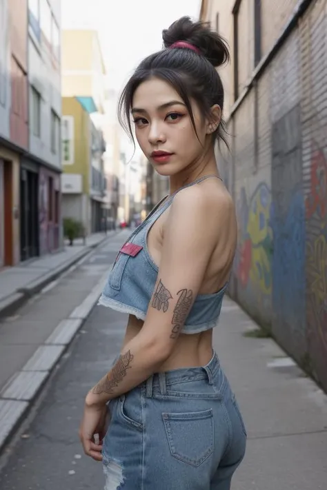 a close up of a woman in a denim outfit standing on a street