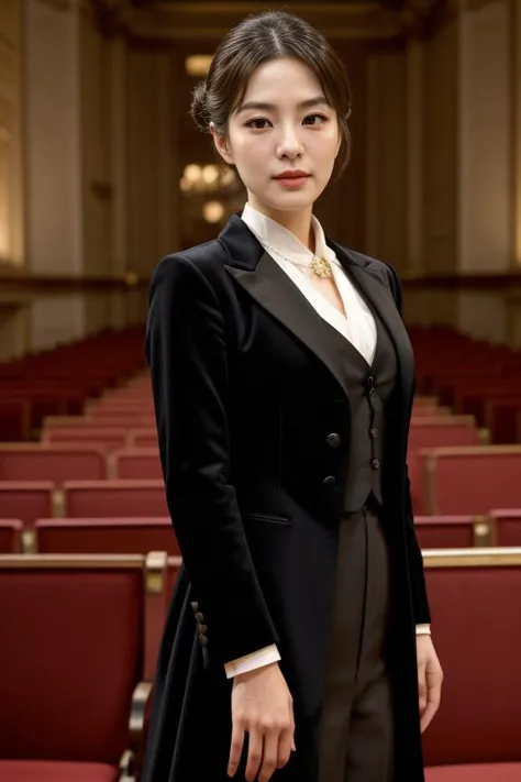 arafed woman in a black suit and white shirt standing in a room