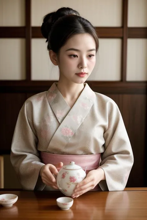 2. Elderly woman (ethnicity: East Asian, age: 80s) in a traditional tea house (setting: serene, Japanese style). She's wearing a classic kimono (fabric: silk, floral pattern) with her hair neatly styled in a traditional bun, and subtle, elegant makeup. She's performing a tea ceremony (detail: graceful, precise movements), her expression peaceful and experienced. <lora:Instaface-7:1>