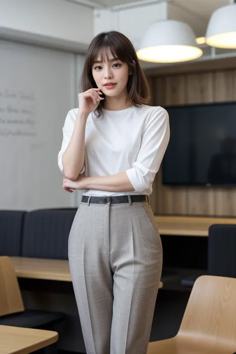 a woman in a white shirt and gray pants standing in a room