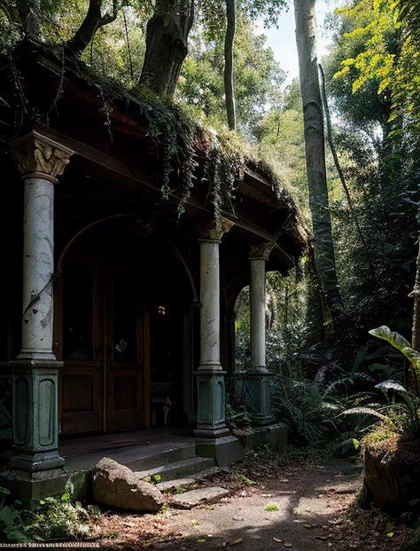 a close up of a building in the middle of a forest