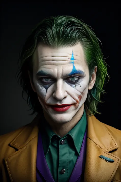 Cowboy Shot,((glossy eyes)),(masterpiece, best quality:1.4)best quality, high detail, (detailed face), detailed eyes, (beautiful, aesthetic, perfect, delicate, intricate:1.0), joker painting of a man with green hair and a yellow jacket, digital art by Nicholas Marsicano, reddit, digital art, portrait of joker, portrait of the joker, portrait of a joker, the joker, joker, from joker (2019), #1 digital painting of all time, # 1 digital painting of all time, film still of the joker,