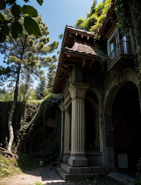 there is a very old house with a very tall column