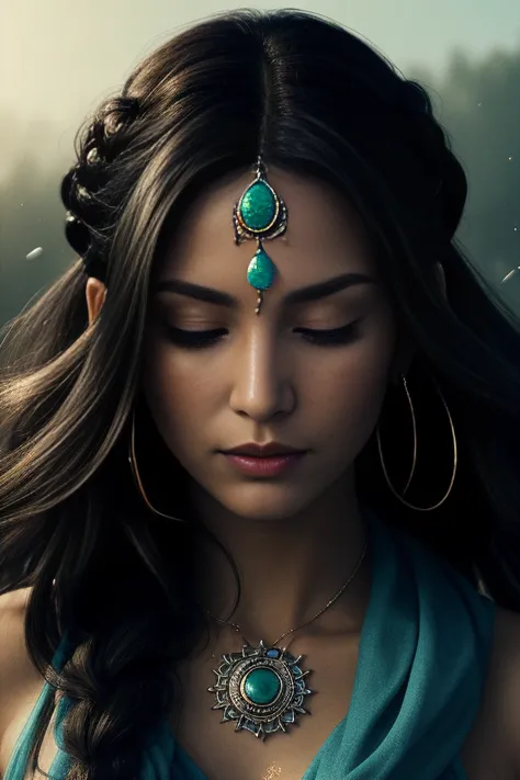 a close up of a woman with a necklace and earrings