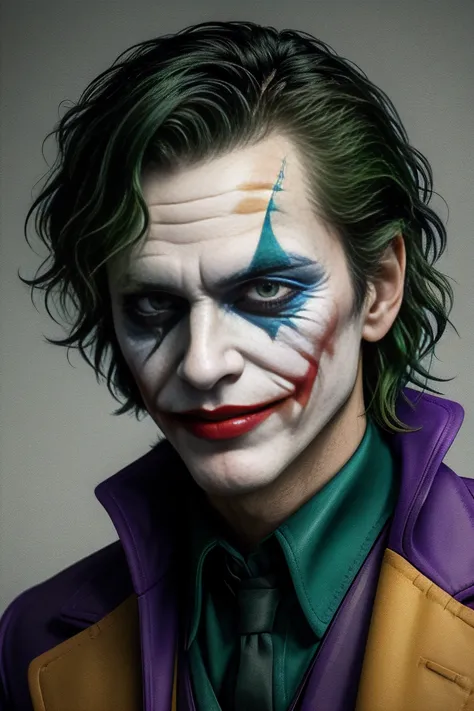 Cowboy Shot,((glossy eyes)),(masterpiece, best quality:1.4)best quality, high detail, (detailed face), detailed eyes, (beautiful, aesthetic, perfect, delicate, intricate:1.0), joker painting of a man with green hair and a yellow jacket, digital art by Nicholas Marsicano, reddit, digital art, portrait of joker, portrait of the joker, portrait of a joker, the joker, joker, from joker (2019), #1 digital painting of all time, # 1 digital painting of all time, film still of the joker,