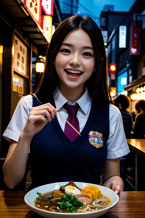 (masterpiece), best quality, ultra high res, close up, slim body, 1girl,school uniform, long hair, laughing, ramen, night, Tokyo restaurant background, colorful lights, photon mapping, radiosity, physically-based rendering, cinematic lighting, intricate, High Detail, Sharp focus, dramatic, photorealistic  <lora:asianGirlsFace_v1:0.7>