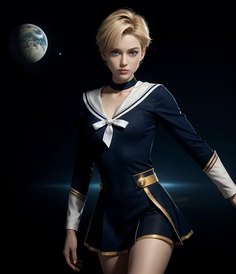 Sailor Uranus has a distinct androgynous appearance. She has short blond hair and blue eyes. She wears a Sailor Guardian uniform that features the colors navy blue and gold. Her Sailor Guardian symbol is a stylized planetary symbol for Uranus.