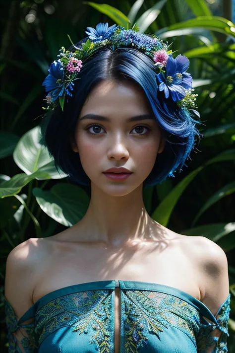 a close up of a woman with blue hair wearing a blue dress