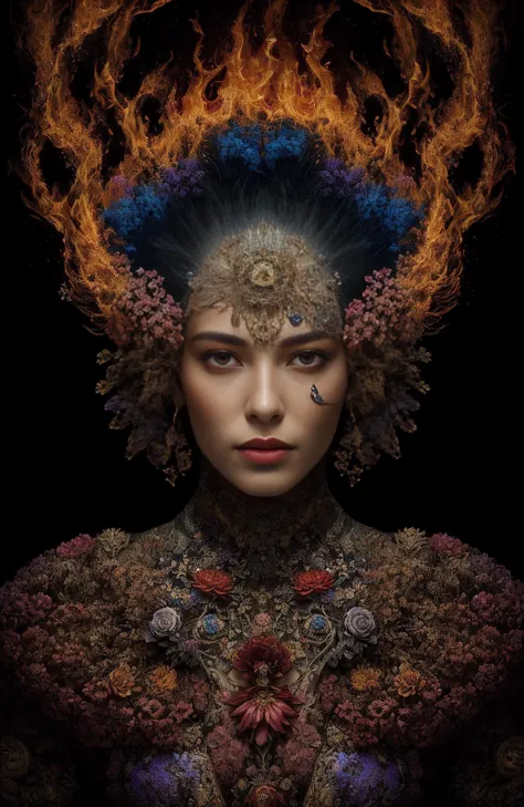 a woman with a fire headpiece and a flower crown