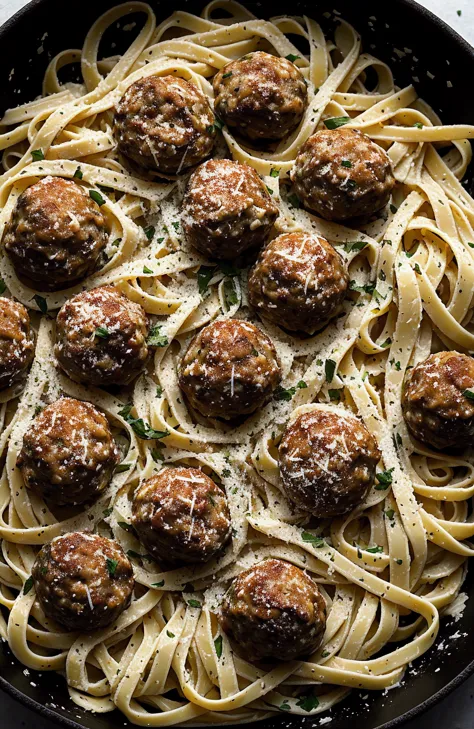 a creamy fettuccine pasta with fresh parmesan and meatballs, food photography,closeup