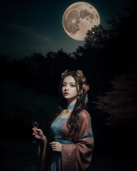 a woman in a blue dress holding a glass of wine in front of a full moon