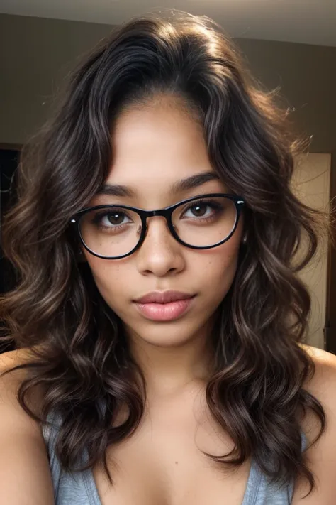 a close up of a woman with glasses and a tank top