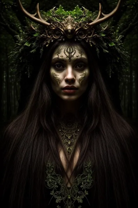 a woman with horns and a crown of leaves on her head