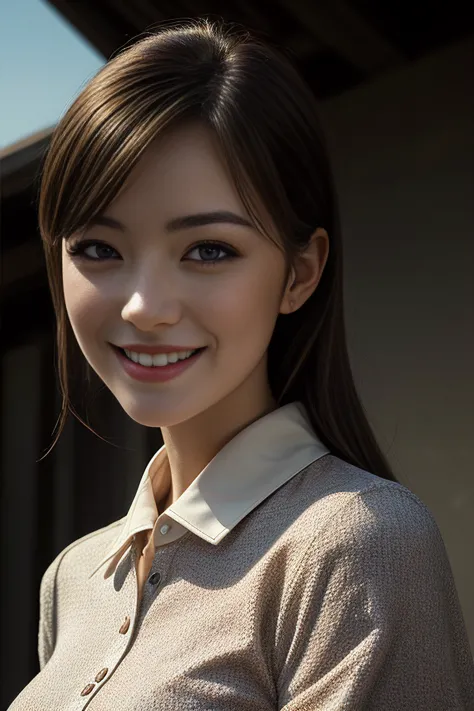 a close up of a woman in a shirt smiling at the camera