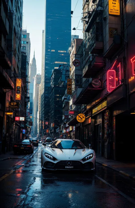 hypercars cyberpunk, muted colors ,swirling color smokes,legend,cityscape,space,mercedez benz