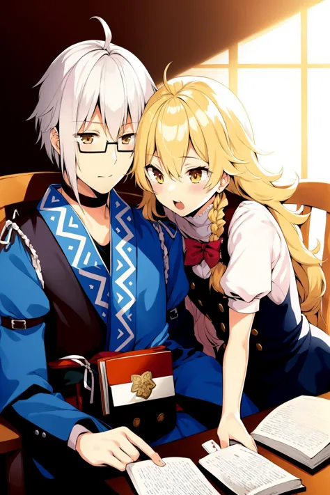 anime couple sitting at a table with open books