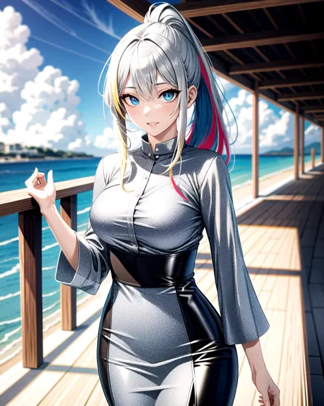 anime girl in a silver dress standing on a pier