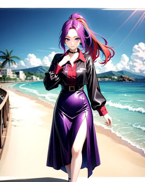 anime girl in purple dress walking on beach with ocean in background