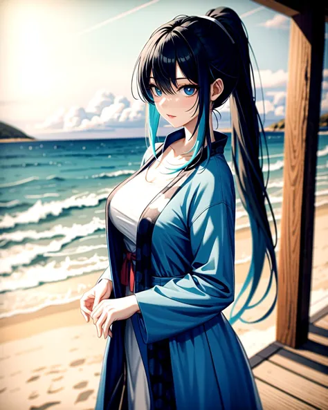 anime girl with long black hair standing on a beach