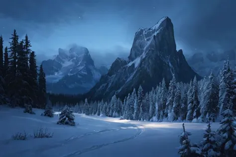 a close up of a snowy mountain with trees and a trail