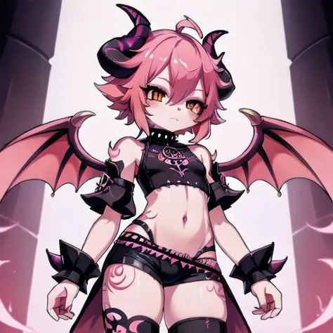 demon, innocent, horns, wings, tall, albino, hot pink hair, short spiky scene hair, slanted orange eyes, hot pink hot pink tattoos,cyber sigilism tattoo,tattoo on stomach, non human, monster girl, child like, poofy hair, eyeliner, emo, emo makeup, goth, ripped croptop and clothes, Bloodless