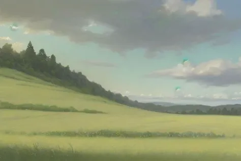 there is a painting of a field with a few kites flying in the sky