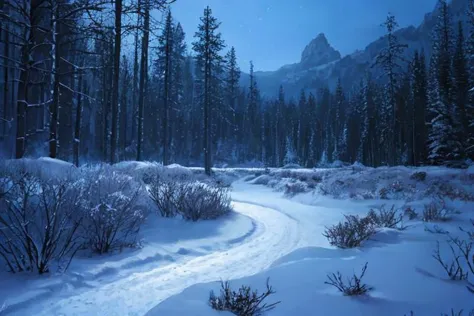 snowy path in the woods with a mountain in the background