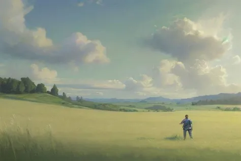 there is a man standing in a field with a kite