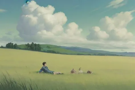 there is a man sitting in a field with a kite