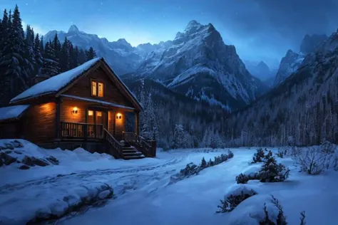 a cabin in the mountains with snow on the ground