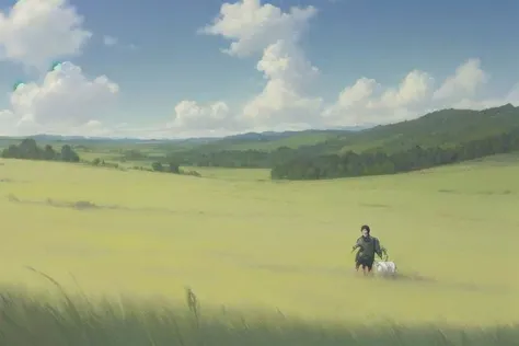 there is a man and a woman walking in a field