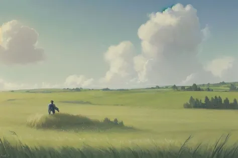 there is a man walking through a field of grass with a kite