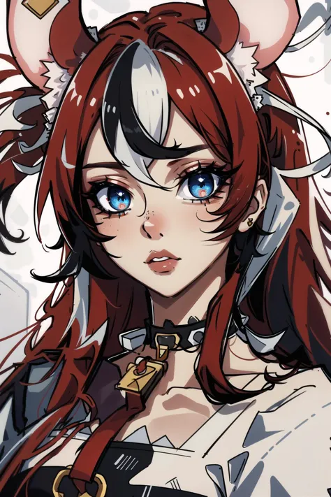 a close up of a woman with red hair and horns