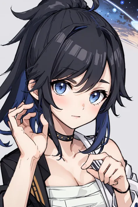 anime girl with black hair and blue eyes holding a cell phone