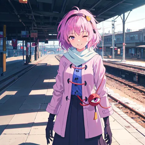 (komeji satori, touhou),(1girl, solo, silhouette, standing, on street, shadowdrawing, high contrast, one eye closed, outdoors, train station in background, white scarf, light pink hair, black gloves, purple coat, blue shirt, pink skirt, ), (masterpiece:1.2...