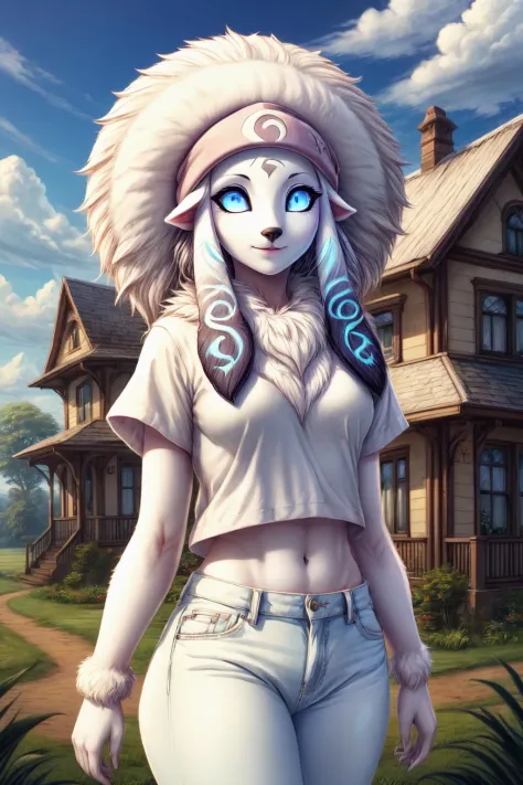 Fairy tale <lora:KindredXL:0.8> kindred, lamb, white fur, unmasked, glowing eyes,
 wearing Preppy Cream Jeans and t-shirt with B...