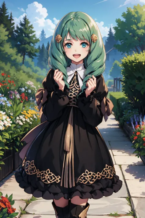 masterpiece, best quality,  <lora:STYLE-Ke-Ta_v1.1.6:1>  <lora:flayn-nvwls-v1-final:0.9> flayn, hair ornaments, black dress, blue pantyhose, knee boots, garden, :D