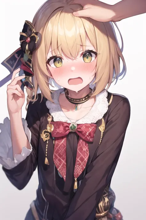 anime girl with a bow tie and a hat holding a cell phone