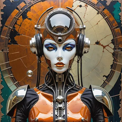 Collage de fotografías de ciencia ficción recortadas en papel, cosa análoga,  robot mago mitad demonio tranquilo, por Stephan Martiniere y Moebius , Al estilo de Adrian Ghenie, hiper detallado, Intrincado, arte del cartel, estación de arte, blindaje reflectante de mercurio, fotografía cruda,   (Intrincado details, obra maestra, mejor calidad:1.4), dark, muy detallado, arenaty, sucio, Detalles locos, [Futurismo gótico], [afro-futurism],
 (rayones, Nicks, dientes, Marcas, oxidado, grime, arena) oxidado metals, reflejos cromados, . medios mixtos, papel texturizado, superposición, asimétrico, Abstracto, vibrante