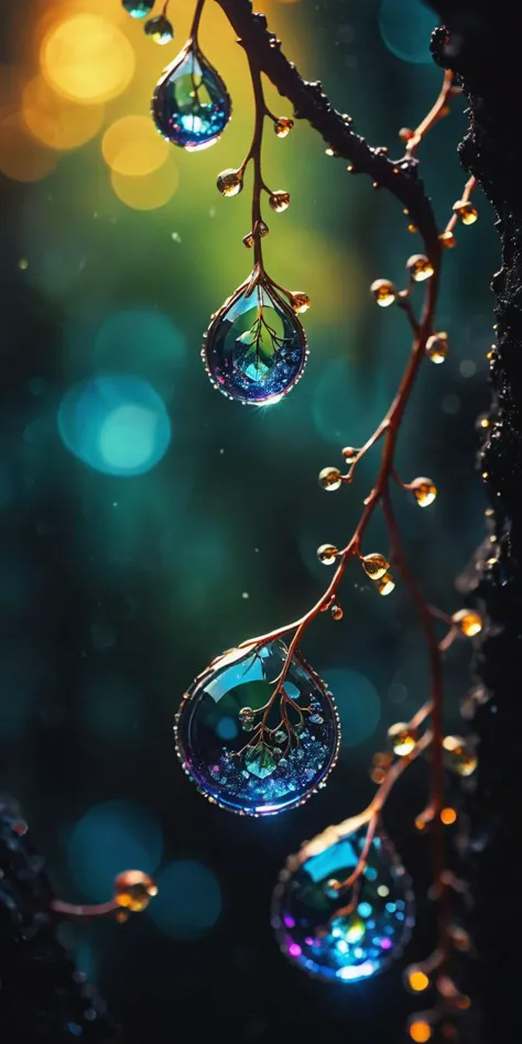 cinematic photo macro photo, sparkling dewdrops cling to a magical fantasy glass vine that runs from a high branch at the top ne...