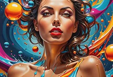 Obra cubista hermosa mujer, modelo de seducción, Colores brillantes, ambiente liquido, flujo de pintura, inmersión, salpicaduras, gotea, burbujas, orbes de colores, tonos poderosos, ángulo bajo, calidad de cartel cinematográfico, arte fino, hiper detallado, obra maestra, Arte sublime, balance, Dulzura, Detalles intrincados y sugerentes., 8K, Híper realista . formas geométricas, Abstracto, innovador, revolucionario