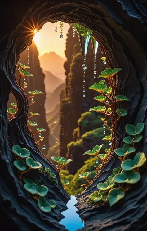 Representación de kirigami de una foto macro, gotas de rocío brillantes se aferran a una vid de cristal mágica y fantástica que corre desde una rama alta en la parte superior cerca de nosotros hasta la lava fundida en la parte inferior del valle,  Muy detallado, calidad increíble, Intrincado, luz cinemática, muy detallado, Hermoso, surreal, dramático, colores de fantasía galaxia, [orientación vertical], Área central abierta hecha de papel viejo.. . 3D, doblado del papel, cortando papel, japonés, Intrincado, simétrico, precision, Lineas limpias