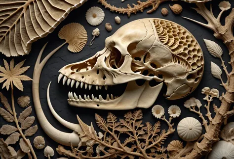 masterpiece, best quality, 8k, professional , by famous artist , trending on artstation, intricated details, detailed,   realsitic, boekh , photorealistic,  dark shadows, natural light, dramatic,  source realistic, Fossils: Photograph fossils of various animals and plants to capture their intricate details and textures.