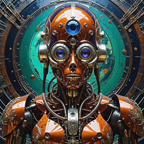 Fotografia de ficção científica em estilo psicodélico, analógico,  robô mago meio-demônio calmo, por Stephan Martiniere e Moebius , No estilo de Adrian Ghenie, hiper detalhado, Intrincado, arte do cartaz, estação de arte, blindagem reflexiva de mercúrio, Fotografia RAW,   (Intrincado details, obra de arte, melhor qualidade:1.4), Escuro, Altamente detalhado, areiaty, sujo, detalhes insanos, [futurismo gótico], [afro-futurismo],
 (arranhões, cortes, amassados, Scuffs, enferrujado, sujeira, areia) enferrujado metals, reflexos cromados, . cores vibrantes, padrões de turbilhão, formas abstratas, Surreal, Alucinante